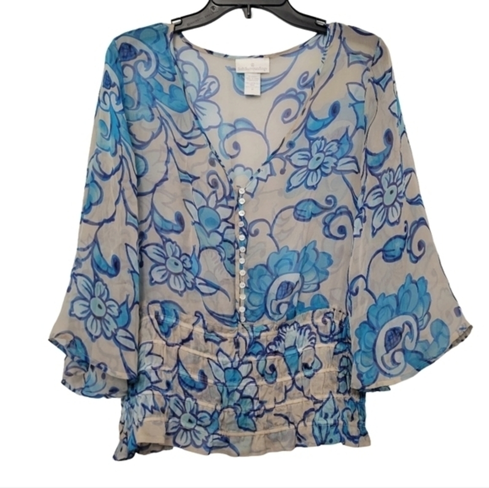 Soft Surroundings Women's Sheer Blouse Top Size M 100%‎ Silk Floral Coastal Blue